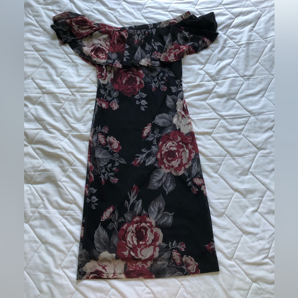 Off the shoulder black with floral detail dress size Small